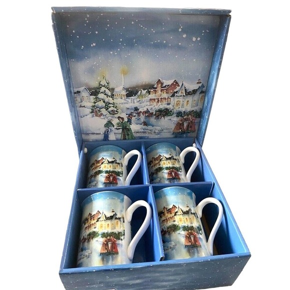 Gourmet Village - Set of 4 Christmas in the village blue mugs gift set with box - Picture 1 of 6